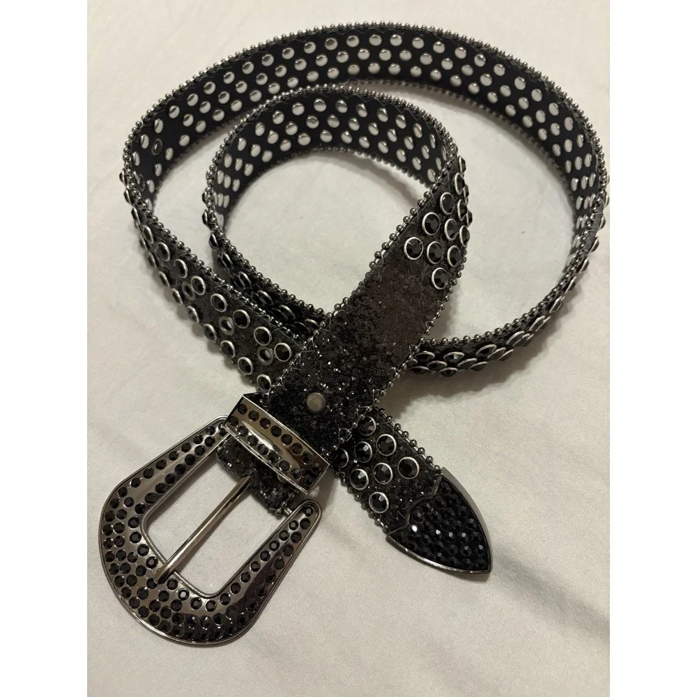 Black Silver Studded Rhinestone Bling Women's Belt with Metallic Buckle